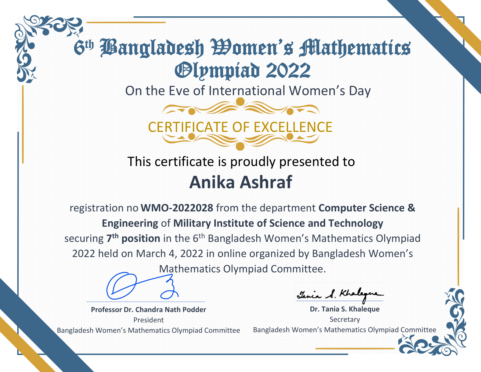 Anika Secured 7th Position in Bangladesh Women’s Mathematical Olympiad 2022